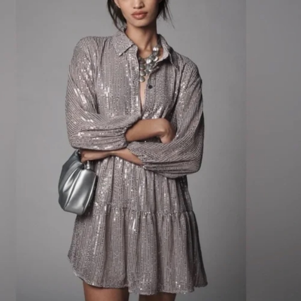 NWT! Women's Anthropologie Maeve Bettina Tiered Sequin Shirt Dres XSP - Picture 2 of 13
